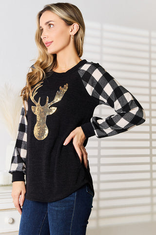 Shop Heimish Full Size Sequin Reindeer Graphic Plaid Top - High-Quality U.S. Made Women’s Fashion with Free & Fast Shipping