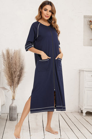 Shop Dark Navy Zip Up Slit Round Neck Night Dress with Pockets - High-Quality U.S. Made Women’s Fashion with Free & Fast Shipping