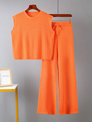 Shop Ribbed Sweater Vest and Drawstring Knit Pants Set - High-Quality U.S. Made Women’s Fashion with Free & Fast Shipping