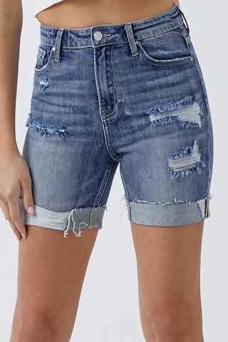 Shop Medium RISEN Full Size Distressed Rolled Denim Shorts with Pockets - High-Quality U.S. Made Women’s Fashion with Free & Fast Shipping