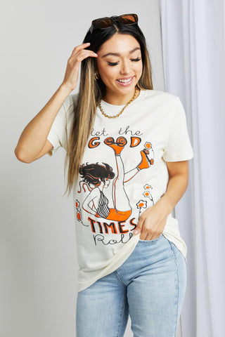 Shop mineB Full Size LET THE GOOD TIMES ROLL Graphic Tee - High-Quality U.S. Made Women’s Fashion with Free Fast Shipping