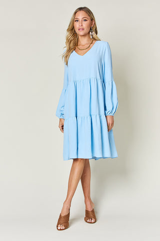 Shop Double Take Full Size V-Neck Balloon Sleeve Tiered Dress with Pockets - High-Quality U.S. Made Women’s Fashion with Free & Fast Shipping