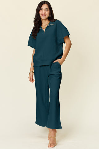 Shop Deep Teal Double Take Full Size Texture Half Zip Short Sleeve Top and Pants Set - High-Quality U.S. Made Women’s Fashion with Free & Fast Shipping