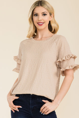 Shop Beige Celeste Full Size Ruffle Short Sleeve Texture Top - High-Quality U.S. Made Women’s Fashion with Free & Fast Shipping