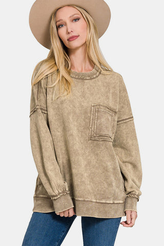 Shop Mocha Zenana Exposed Seam Round Neck Dropped Shoulder Sweatshirt - High-Quality U.S. Made Women’s Fashion with Free & Fast Shipping