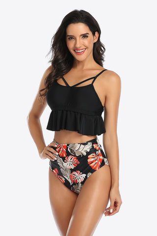 Shop Tropical Print Ruffled Two-Piece Swimsuit - High-Quality U.S. Made Women’s Fashion with Free & Fast Shipping