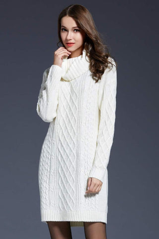 Shop White Woven Right Full Size Mixed Knit Cowl Neck Dropped Shoulder Sweater Dress - High-Quality U.S. Made Women’s Fashion with Free & Fast Shipping