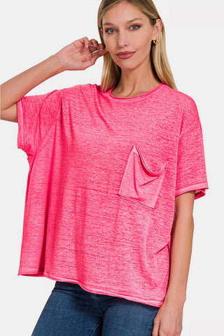 Shop FUCHSIA Zenana Pocketed Round Neck Dropped Shoulder T-Shirt - High-Quality U.S. Made Women’s Fashion with Free & Fast Shipping