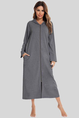 Shop Charcoal Zip Front Hooded Night Dress with Pockets - High-Quality U.S. Made Women’s Fashion with Free & Fast Shipping