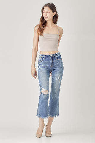 Shop RISEN High Waist Distressed Cropped Bootcut Jeans - High-Quality U.S. Made Women’s Fashion with Free & Fast Shipping