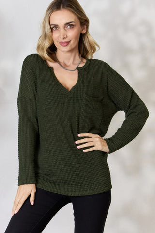 Shop Olive BiBi Notched Popcorn Waffle Long Sleeve Top - High-Quality U.S. Made Women’s Fashion with Free & Fast Shipping