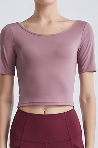 Shop Dusty Pink Cutout Backless Round Neck Active T-Shirt - High-Quality U.S. Made Women’s Fashion with Free & Fast Shipping