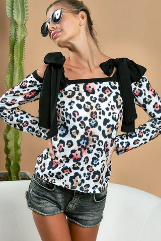 Shop BiBi Leopard Shoulder Tie Long Sleeve Top - High-Quality U.S. Made Women’s Fashion with Free & Fast Shipping