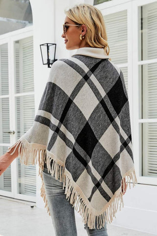 Shop Plaid Turtleneck Fringe Hem Poncho - High-Quality U.S. Made Women’s Fashion with Free Fast Shipping