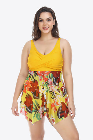 Shop Plus Size Floral Two-Tone Asymmetrical Hem Two-Piece Swimsuit - High-Quality U.S. Made Women’s Fashion with Free & Fast Shipping