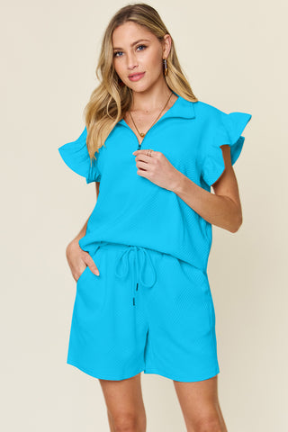 Shop Sky Blue Double Take Full Size Texture Flounce Sleeve Top and Drawstring Shorts Set - High-Quality U.S. Made Women’s Fashion with Free & Fast Shipping