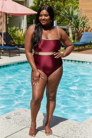 Shop Marina West Swim Wave Break Contrast Trim One-Piece in Wine - High-Quality U.S. Made Women’s Fashion with Free Fast Shipping