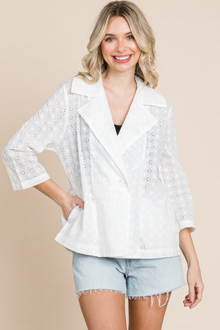 Shop Soft White Culture Code Double Breasted Eyelet Jacket with Pockets - High-Quality U.S. Made Women’s Fashion with Free & Fast Shipping