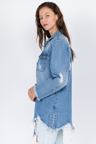 Shop American Bazi Distressed Frayed Hem Denim Jacket - High-Quality U.S. Made Women’s Fashion with Free & Fast Shipping