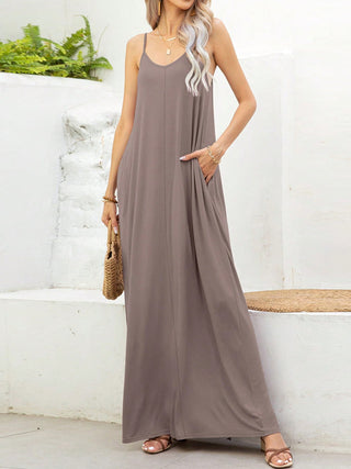 Shop Mocha V-Neck Maxi Cami Dress with Pockets - High-Quality U.S. Made Women’s Fashion with Free & Fast Shipping