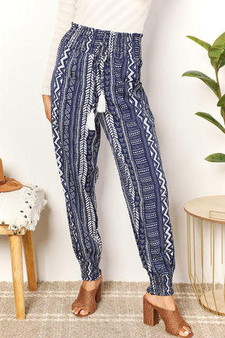 Shop Dark Blue Geometric Print Tassel High-Rise Pants - High-Quality U.S. Made Women’s Fashion with Free & Fast Shipping