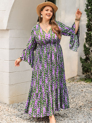 Shop Plus Size Printed V-Neck Long Sleeve Maxi Dress - High-Quality U.S. Made Women’s Fashion with Free & Fast Shipping