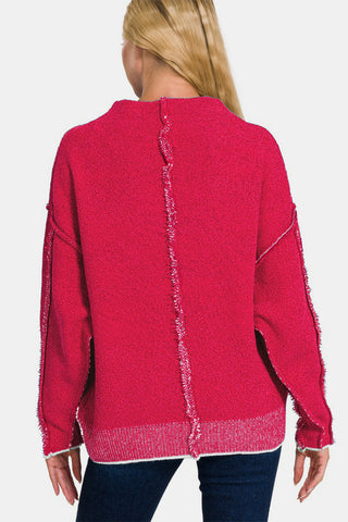 Shop Zenana Exposed Seam Mock Neck Long Sleeve Sweater - High-Quality U.S. Made Women’s Fashion with Free & Fast Shipping