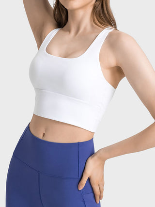 Shop White Millennia Scoop Neck Crisscross Straps Sports Bra - High-Quality U.S. Made Women’s Fashion with Free & Fast Shipping