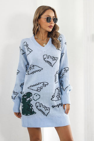 Shop Light Blue Dinosaur Pattern V-Neck Sweater Dress - High-Quality U.S. Made Women’s Fashion with Free & Fast Shipping