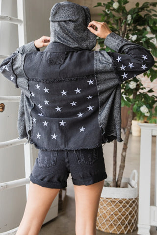 Shop Veveret Star Embroidered Hooded Denim Jacket - High-Quality U.S. Made Women’s Fashion with Free & Fast Shipping