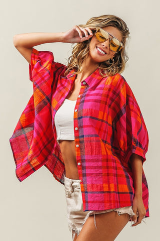 Shop BiBi Button Up Dolman Sleeve Plaid Shirt - High-Quality U.S. Made Women’s Fashion with Free & Fast Shipping