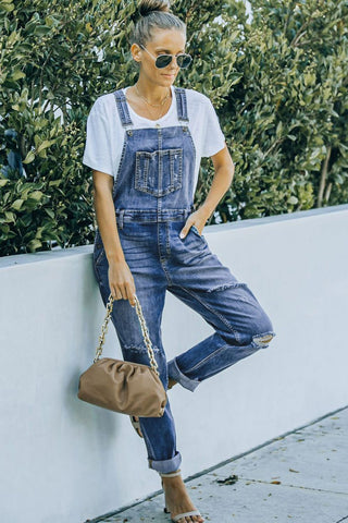 Shop Pocketed Distressed Denim Overalls - High-Quality U.S. Made Women’s Fashion with Free Fast Shipping