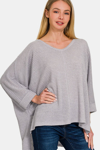 Shop Grey Zenana Waffle Knit V-Neck Long Sleeve Slit Top - High-Quality U.S. Made Women’s Fashion with Free & Fast Shipping