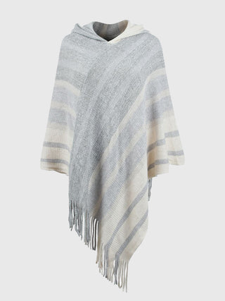 Shop Ivory One Size Striped Fringe Hem Hooded Poncho - High-Quality U.S. Made Women’s Fashion with Free & Fast Shipping