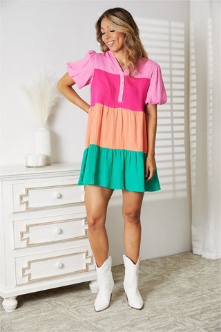 Shop Double Take Color Block Buttoned Puff Sleeve Dress - High-Quality U.S. Made Women’s Fashion with Free & Fast Shipping