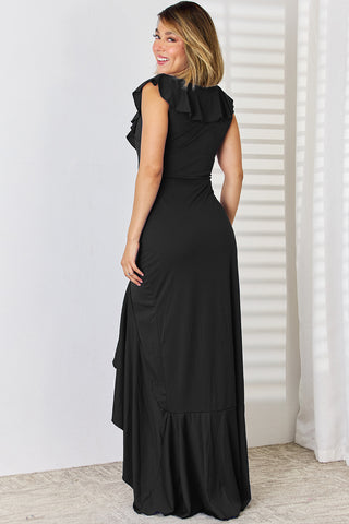 Shop Ruffled V-Neck High-Low Dress - High-Quality U.S. Made Women’s Fashion with Free & Fast Shipping