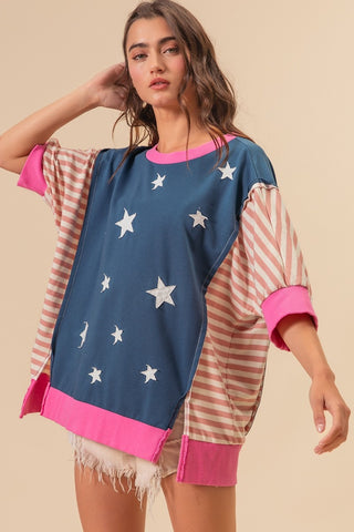 Shop Navy Multi BiBi US Flag Theme Color Block Star Patch T-Shirt - High-Quality U.S. Made Women’s Fashion with Free & Fast Shipping