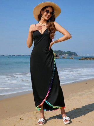 Shop Rainbow Pompom Trim Spaghetti Strap Cover-Up - High-Quality U.S. Made Women’s Fashion with Free Fast Shipping