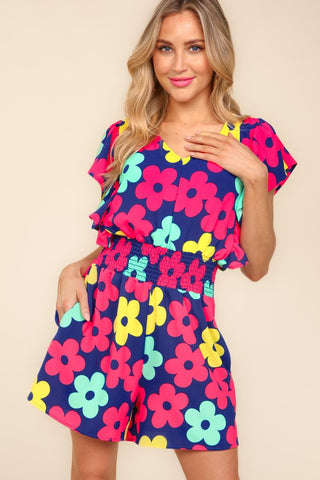 Shop Haptics Floral Smocked Waist Romper with Side Pockets - High-Quality U.S. Made Women’s Fashion with Free & Fast Shipping