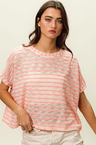 Shop Pink BiBi Braid Striped Short Sleeve Round Neck T-Shirt - High-Quality U.S. Made Women’s Fashion with Free & Fast Shipping