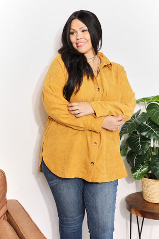 Shop HEYSON Full Size Oversized Corduroy Button-Down Tunic Shirt with Bust Pocket - High-Quality U.S. Made Women’s Fashion with Free & Fast Shipping