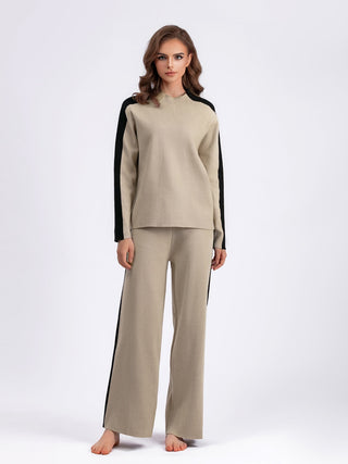 Shop Beige One Size Contrast Sweater and Knit Pants Set - High-Quality U.S. Made Women’s Fashion with Free & Fast Shipping