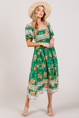 Shop SAGE + FIG Printed Smocked Short Sleeve Midi Dress - High-Quality U.S. Made Women’s Fashion with Free & Fast Shipping