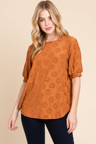 Shop Camel BOMBOM Textured Floral Pattern Top - High-Quality U.S. Made Women’s Fashion with Free & Fast Shipping