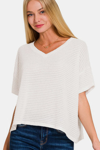 Shop Zenana Drop Shoulder Short Sleeve Jacquard Knit Top - High-Quality U.S. Made Women’s Fashion with Free & Fast Shipping