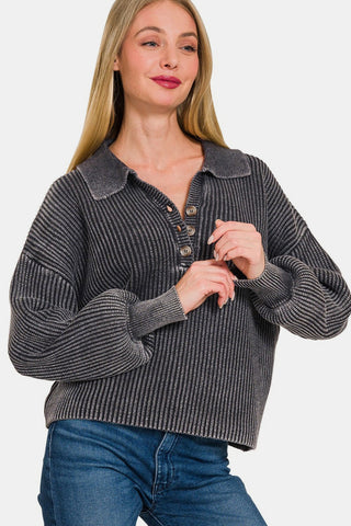 Shop Zenana Washed Half Button Long Sleeve Sweater - High-Quality U.S. Made Women’s Fashion with Free & Fast Shipping