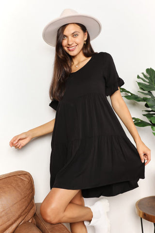 Shop Black V-Neck Flounce Sleeve Tiered Dress - High-Quality U.S. Made Women’s Fashion with Free & Fast Shipping