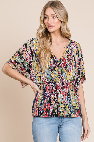 Shop BOMBOM Printed Surplice Peplum Blouse - High-Quality U.S. Made Women’s Fashion with Free & Fast Shipping