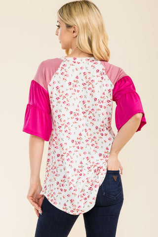 Shop Celeste Full Size Floral Contrast Bell Sleeve Top - High-Quality U.S. Made Women’s Fashion with Free & Fast Shipping