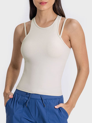 Shop Beige Millennia Cutout Round Neck Racerback Active Tank - High-Quality U.S. Made Women’s Fashion with Free & Fast Shipping